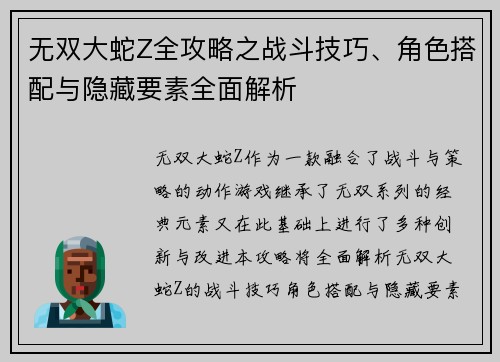 无双大蛇Z全攻略之战斗技巧、角色搭配与隐藏要素全面解析